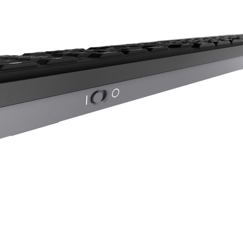 Tastatur Seitenansicht, schwarze Tasten und grauer Rahmen, mit Einschaltknöpfen.