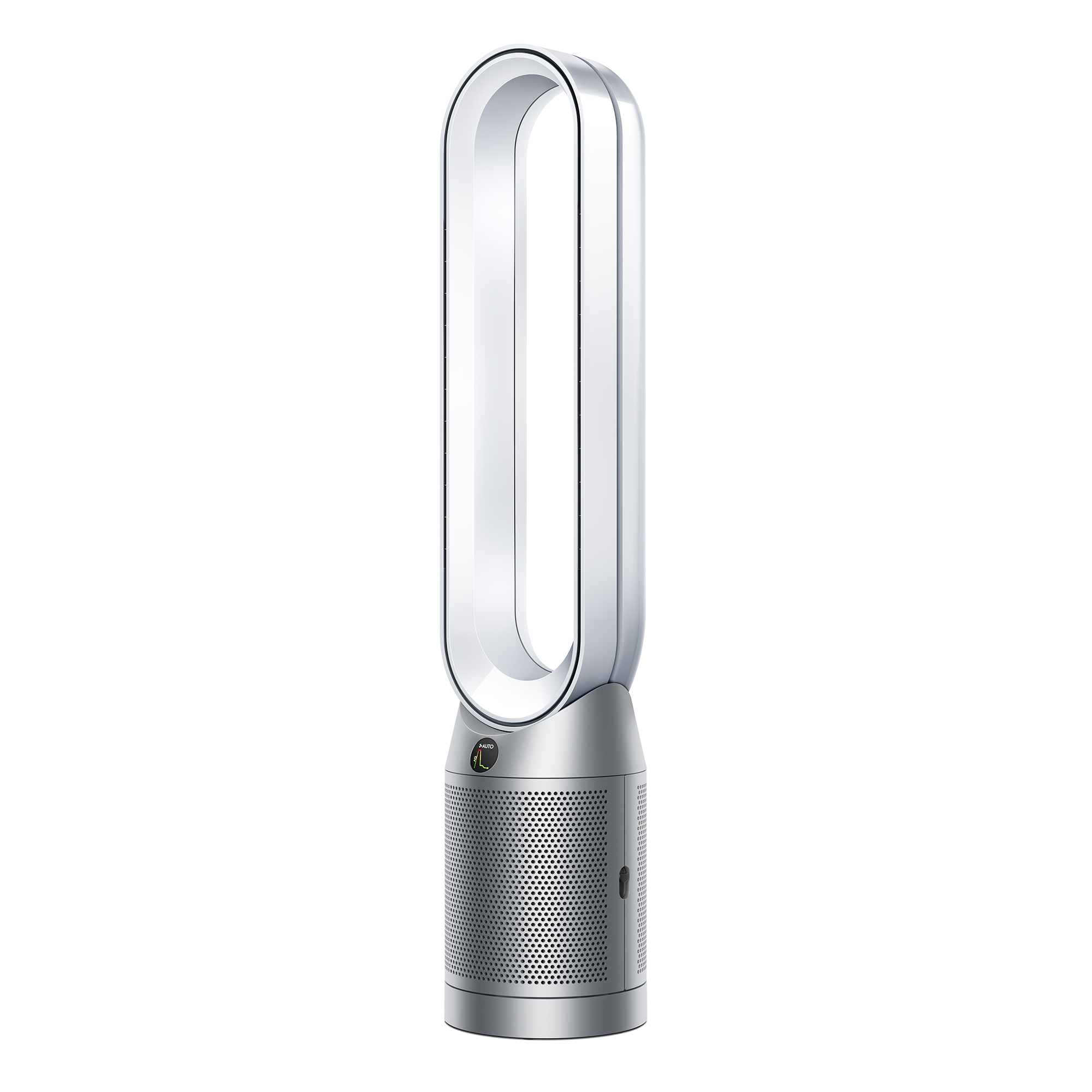 Gümüş ve beyaz Dyson fan, oval şekilli, silindirik tabanlı, beyaz bir arka plan üzerinde.