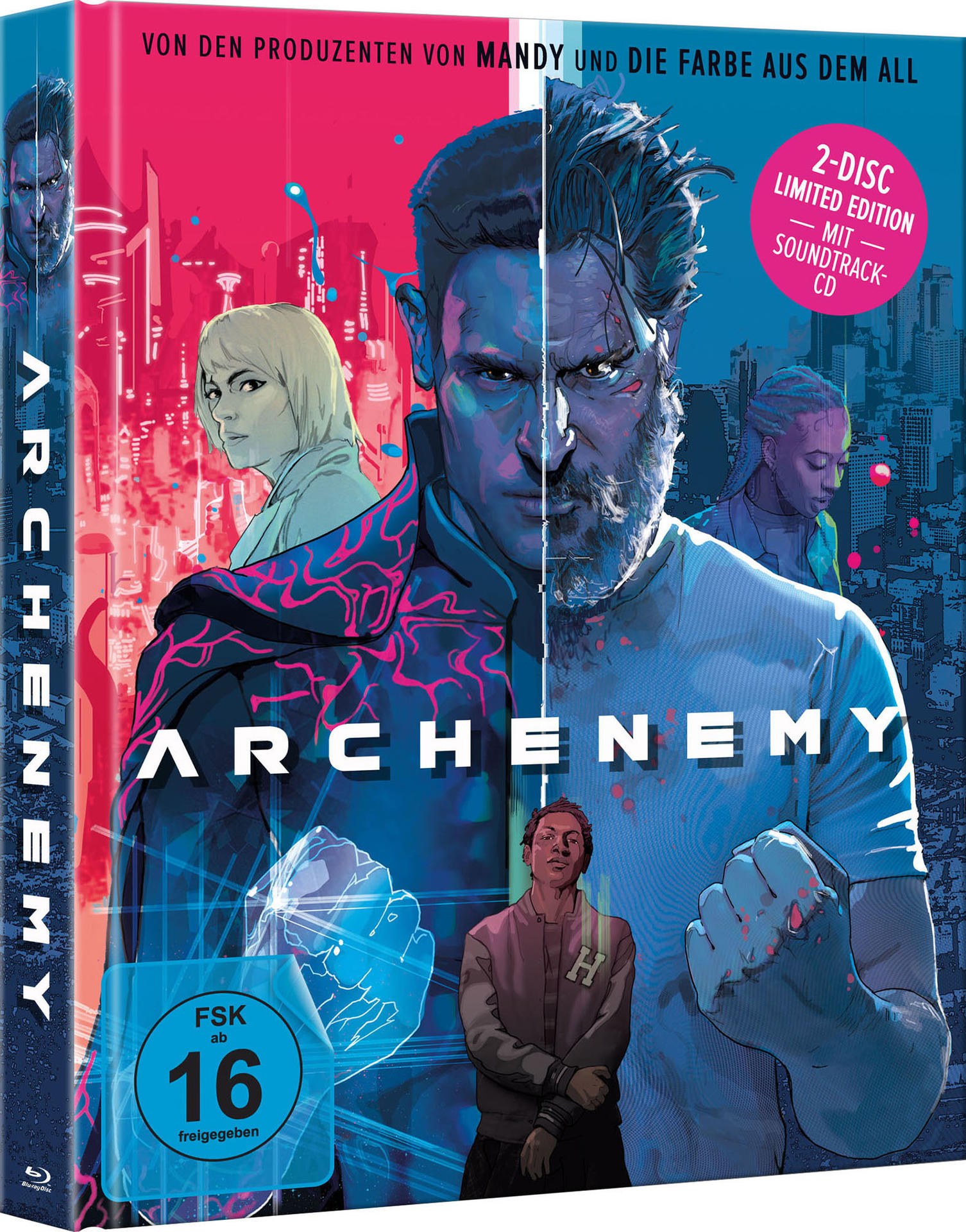 Blu-ray-Cover mit einer Comic-Illustration eines Mannes und einer Stadt.