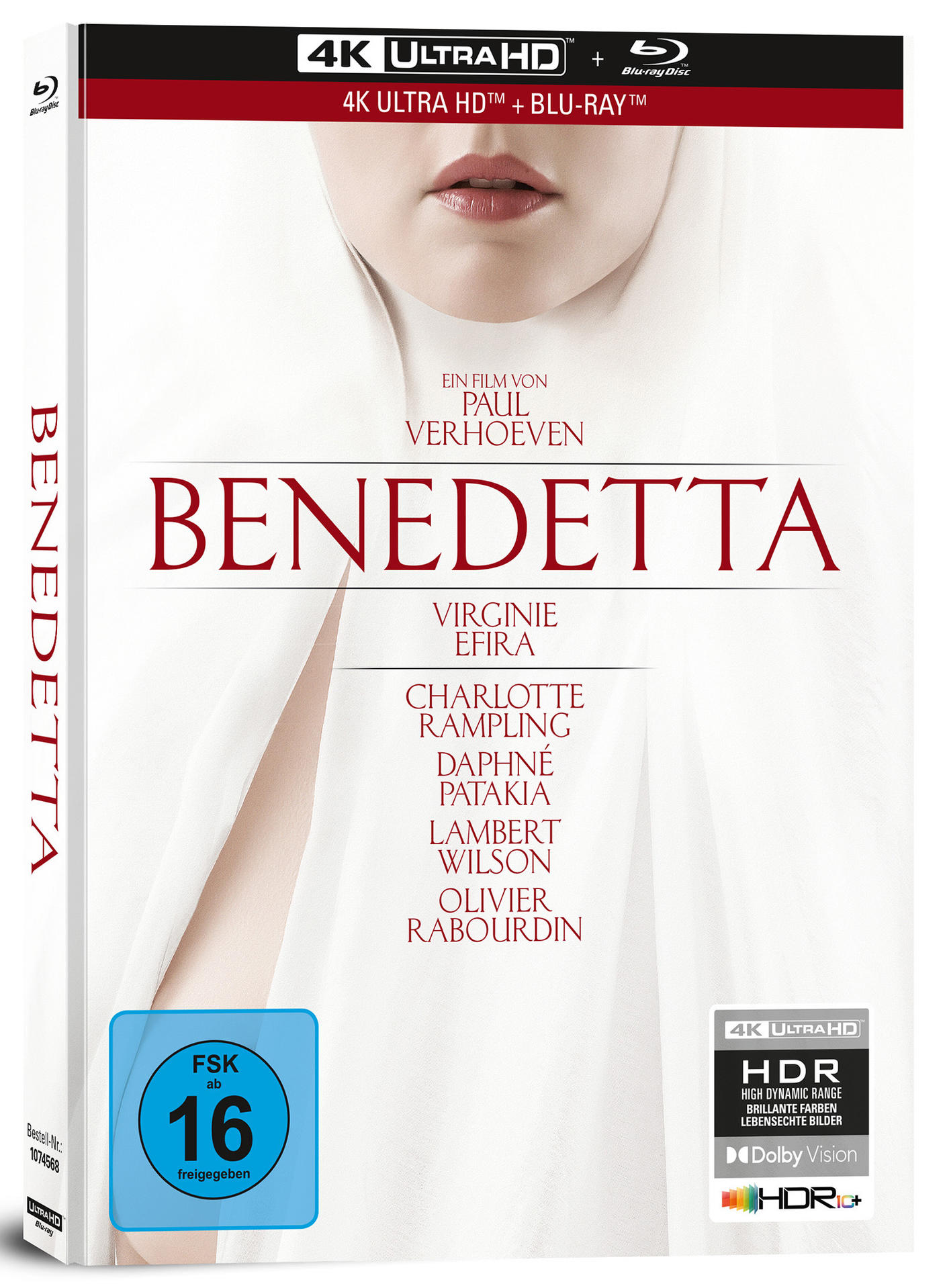 Eine Filmhülle von Benedetta mit einer Frau in Weiß, Text und Logos.