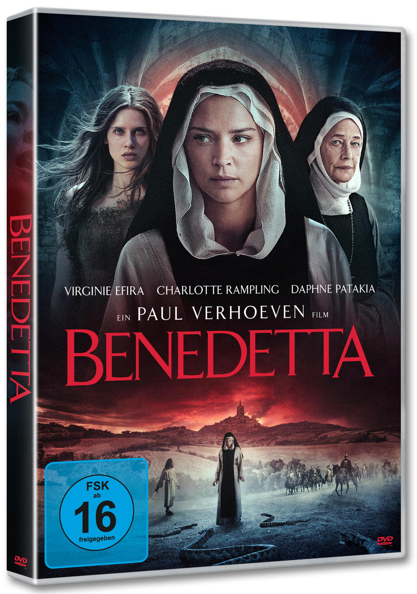 DVD-Hülle des Films Benedetta, mit Bildern von Frauen und Text. Ein blauer Aufkleber unten links.