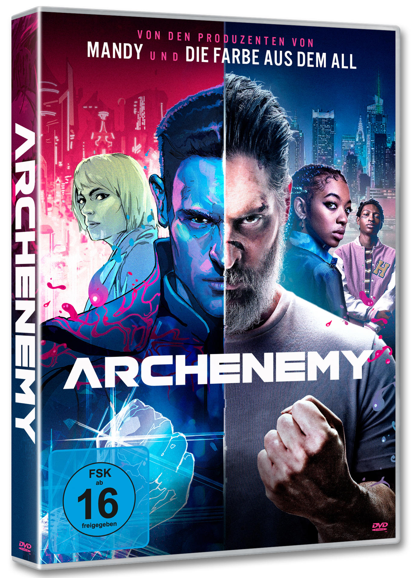 DVD-Cover eines Films mit dem Titel ARCHENEMY. Zwei Gesichter sind geteilt, eines männlich, eines weiblich.
