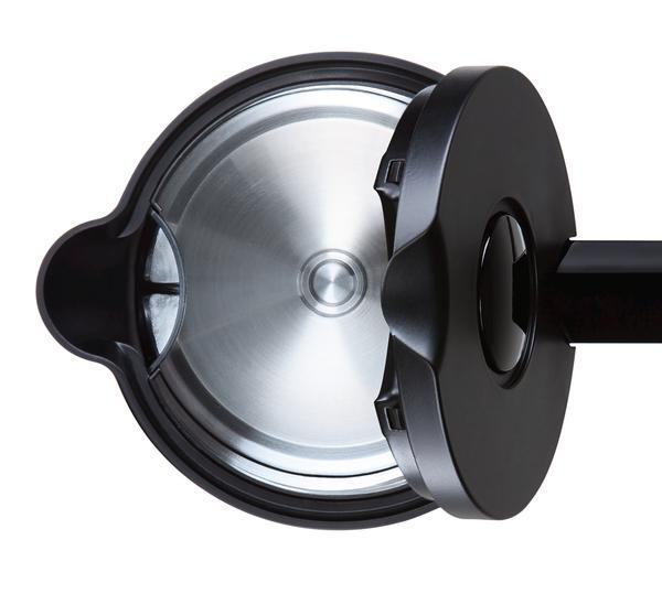 Innenansicht eines schwarzen Wasserkochers, Deckel offen.