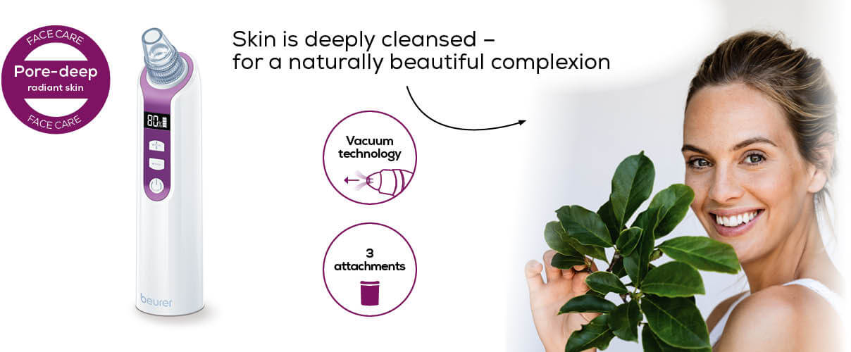 Une femme souriante, tenant des feuilles, à côté d'un appareil pour le nettoyage de la peau. Dit 'Face care'.