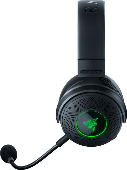 Casque de jeu noir avec un microphone. Le logo Razer s'allume en vert.