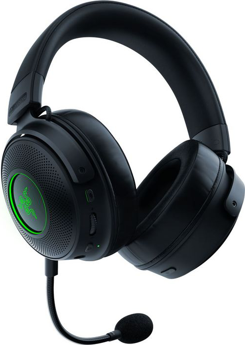 Casque de jeu noir avec microphone, vue latérale. Logo Razer visible.