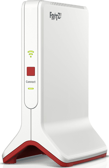 Routeur blanc avec des accents rouges et un logo. Il affiche une lumière verte et un bouton rouge étiqueté 'Connect'.