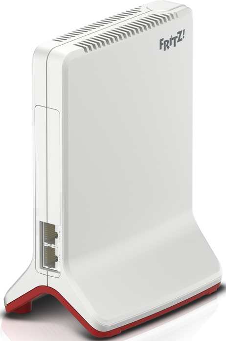 Routeur FRITZ!Box blanc et rouge avec deux ports Ethernet et un design élégant.