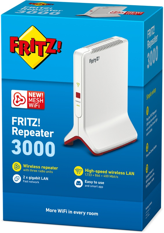 Boîte Fritz! Repeater 3000, répéteur blanc, fond bleu avec texte.