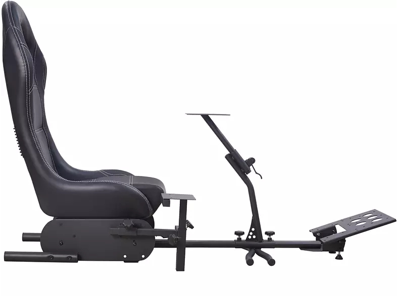 Chaise de jeu noire et grise, vue latérale. Comprend un siège et un support de contrôle.