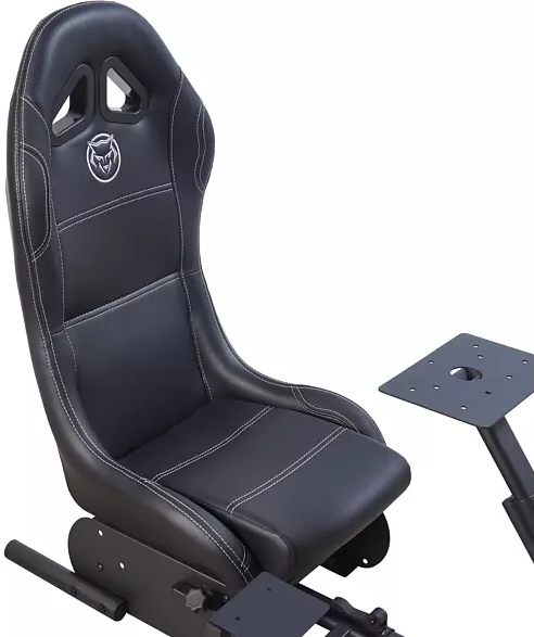 Chaise de jeu noire et blanche, avec une base noire et des coutures blanches. La chaise a un logo.