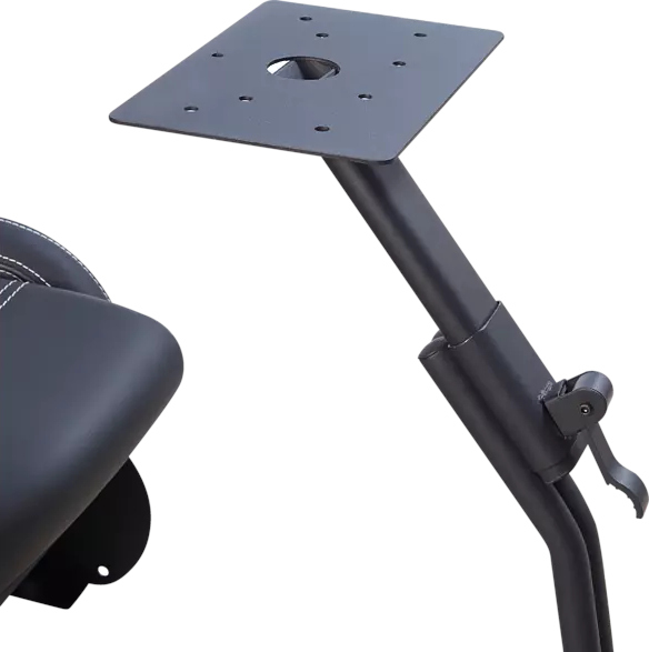 Un support métallique pour un siège, avec une base carrée noire et un levier de réglage.