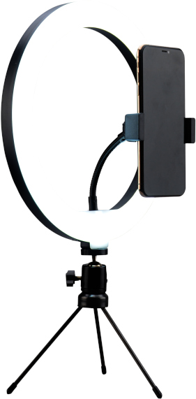 Ring light with phone holder and tripod. Black and white design. White background.
