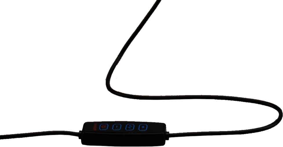 Black cable with a control box. Blue buttons. White background.