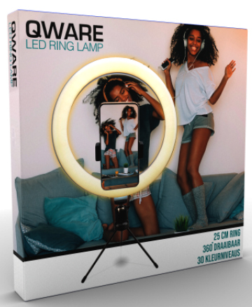 A box with a ring light and a person using a phone for a selfie.