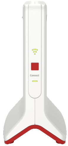 Modem blanc et rouge avec un bouton 'Connecter'. Possède un indicateur de signal wifi et deux antennes.