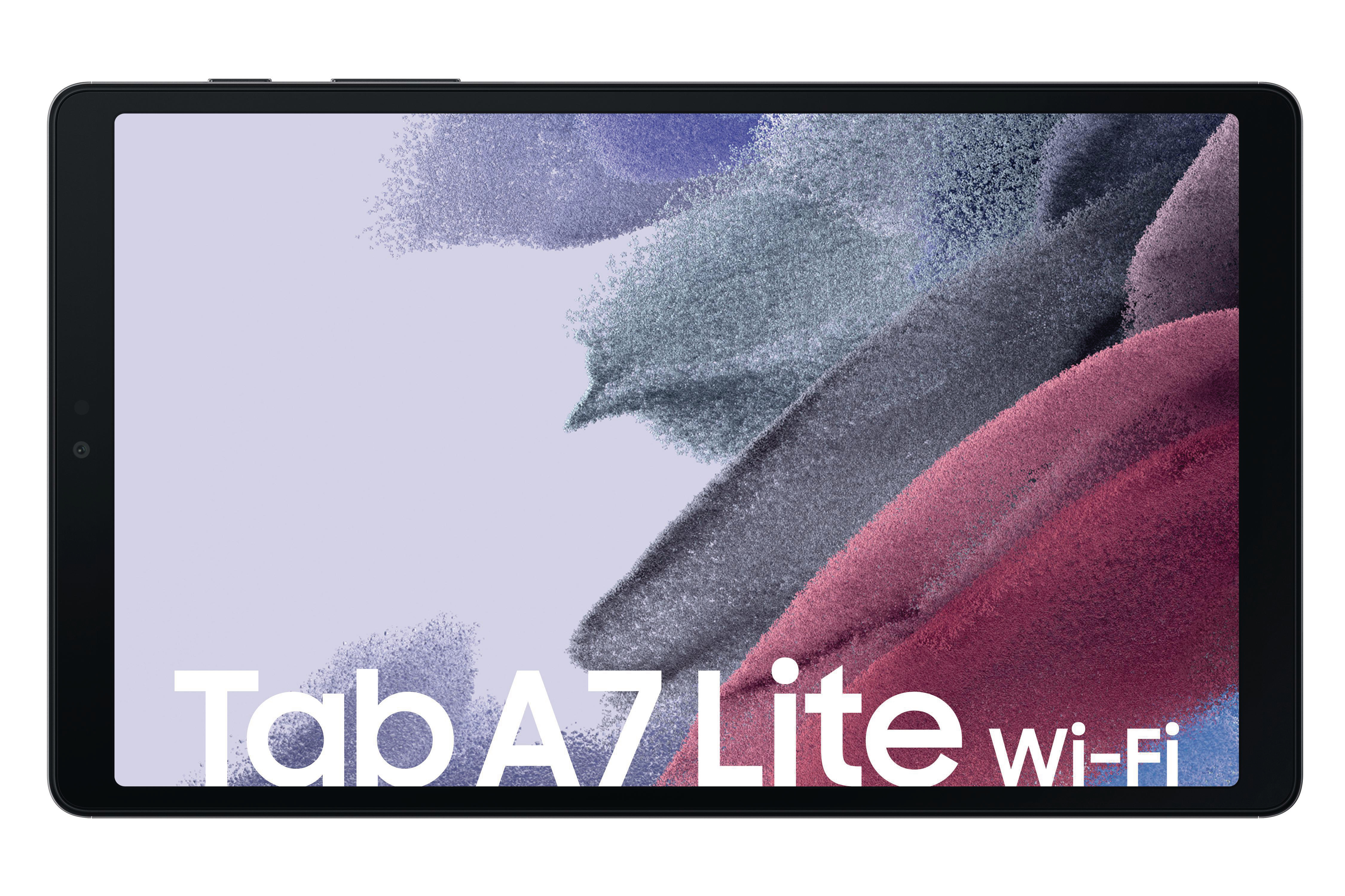 Ein schwarzes Tablet mit einem Bildschirm, der ein farbenfrohes Design und die Worte 'Tab A7 Lite' zeigt.