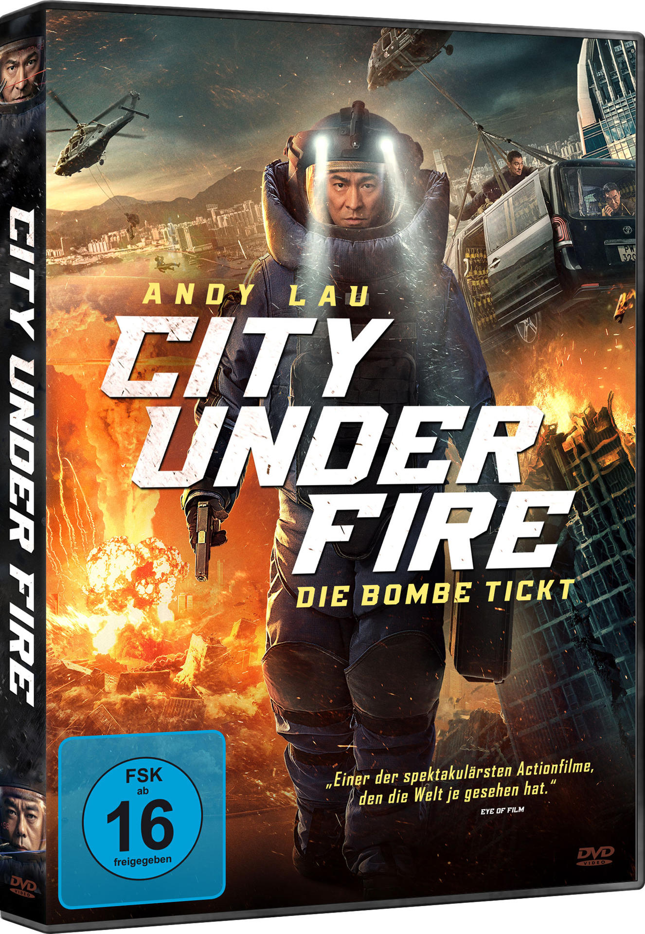 Filmcover für "City Under Fire" mit einem Mann in einem Bombenschutzanzug und einer Stadtszene.
