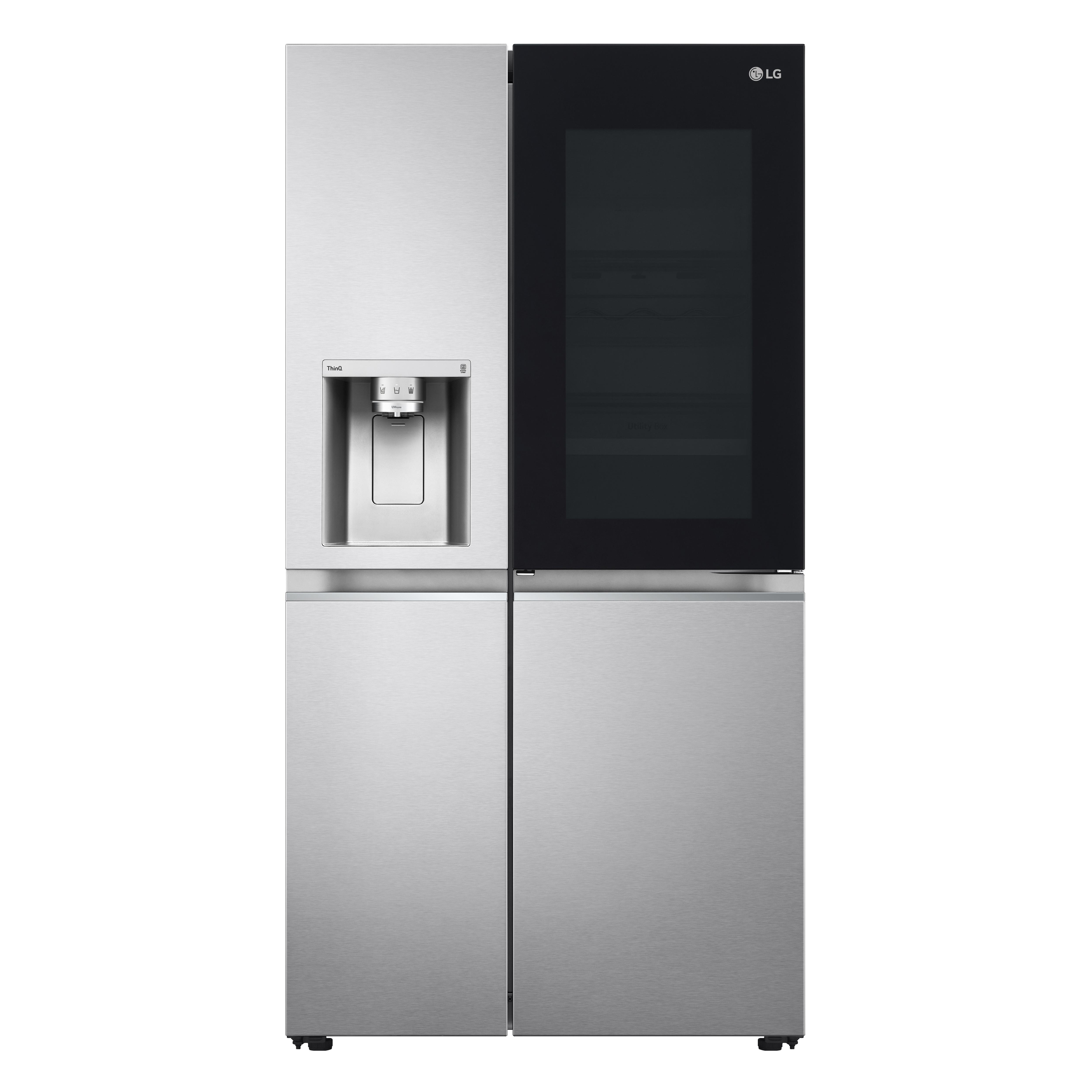 LG Kühlschrank mit zwei Türen. Edelstahl, eine dunkle Glasscheibe.