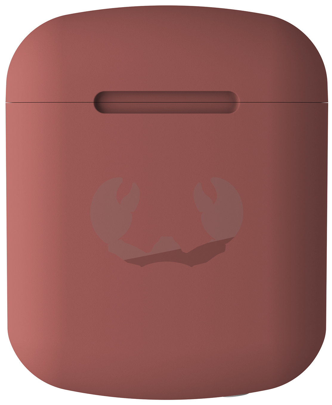 Een roodbruine AirPods-hoes met een krabontwerp erop geëtst.