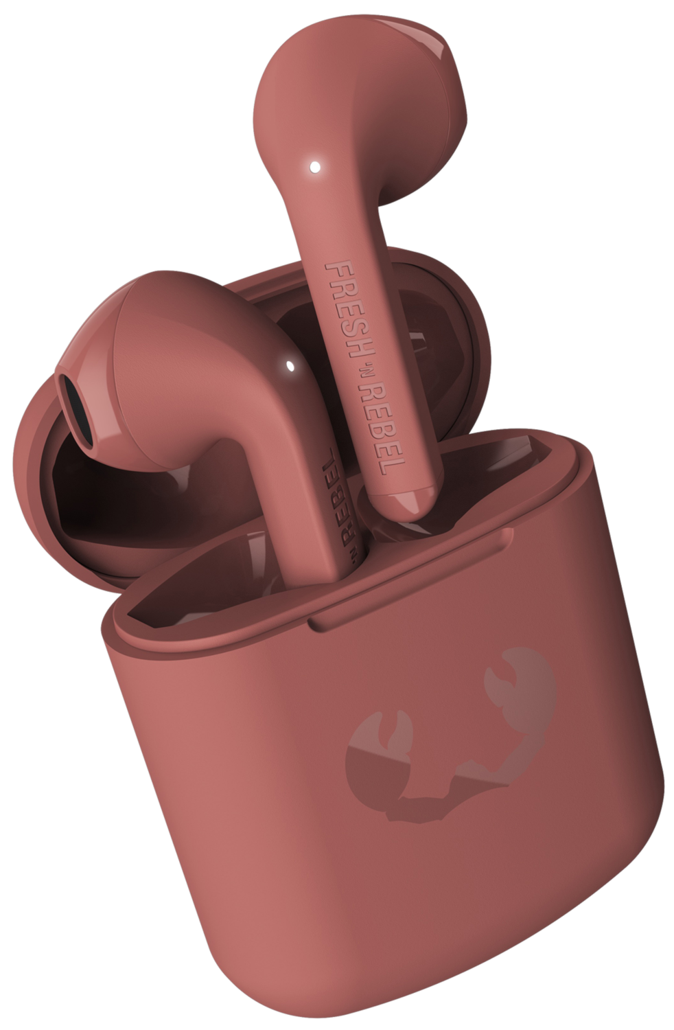 Roze draadloze oordopjes in hun hoesje. De case is ook roze. De merknaam is Fresh Rebel.