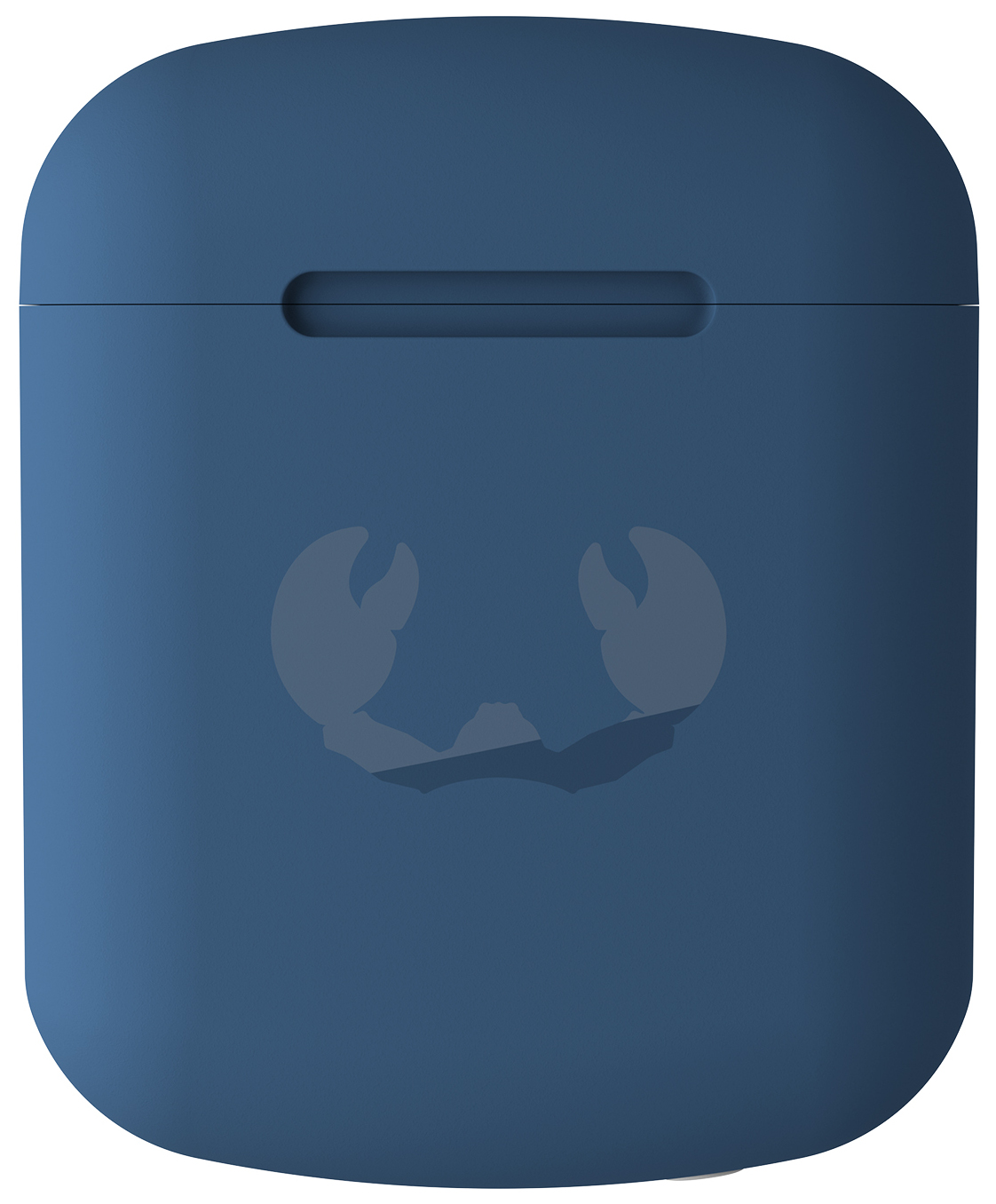 Een marineblauwe oplaadcase voor oordopjes, met een krablogo op het oppervlak.