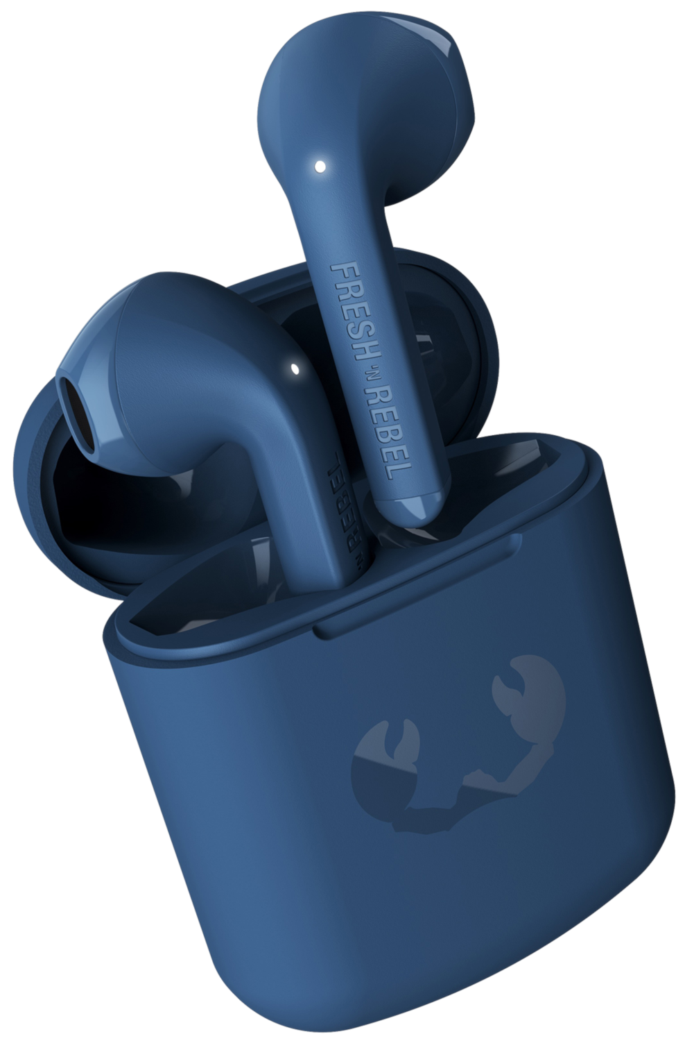 Blauwe oortelefoons in een bijpassende oplaadcase, met een krablogo.