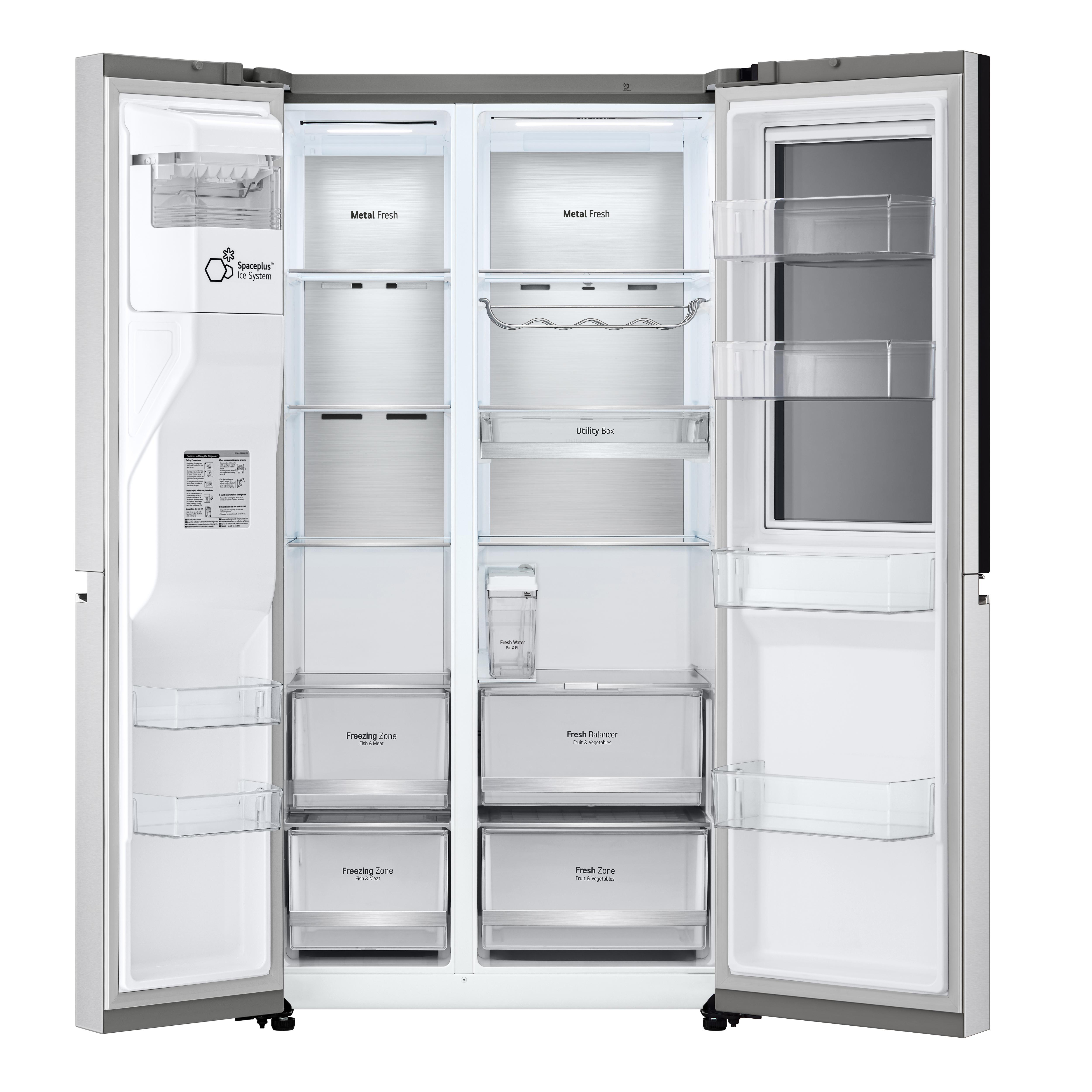 Offener Kühlschrank mit vielen Regalen, Schubladen und Fächern. Es ist gut organisiert.