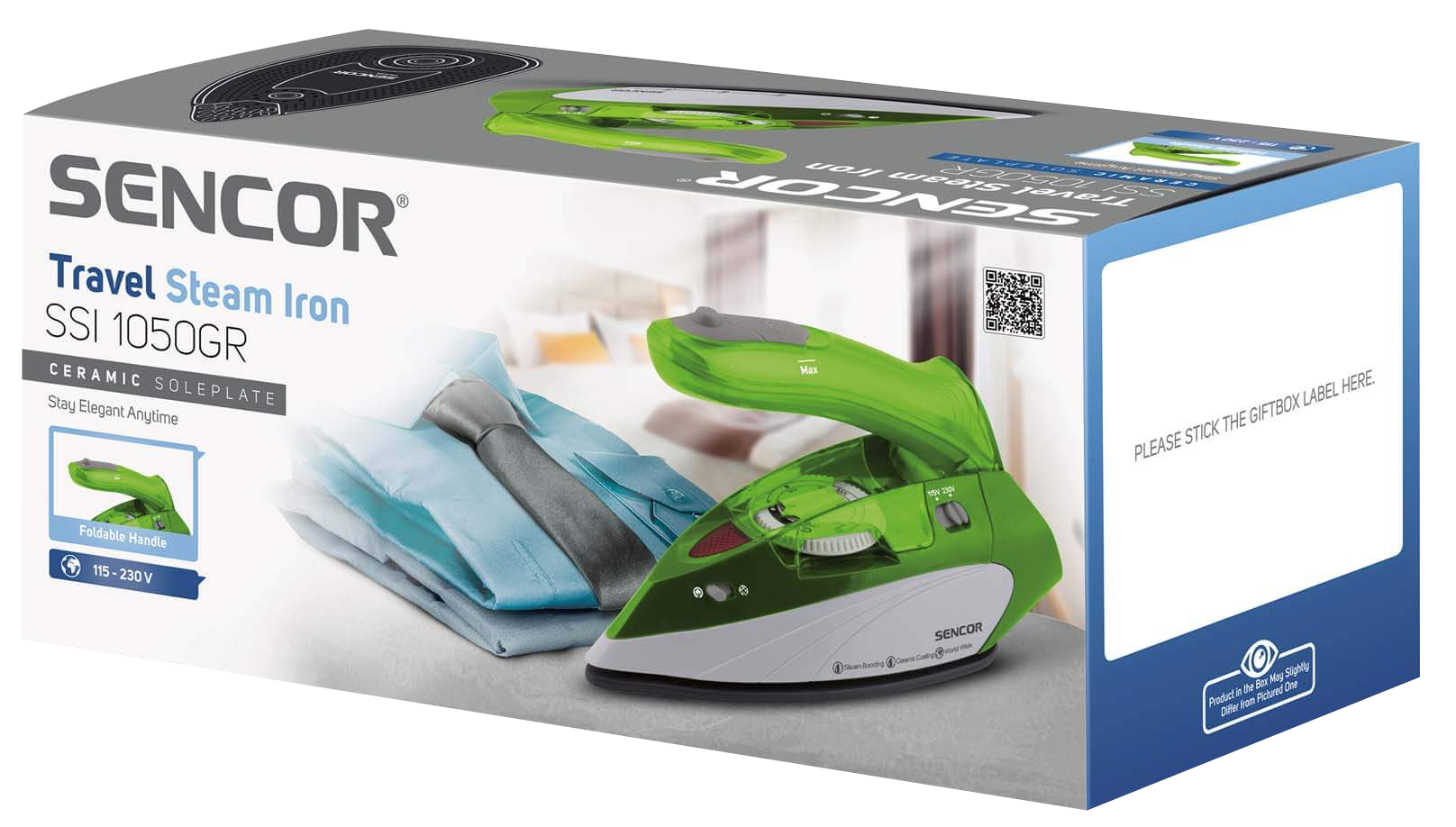 SENCOR Travel Steam Iron doboz vasalóval és ingekkel.