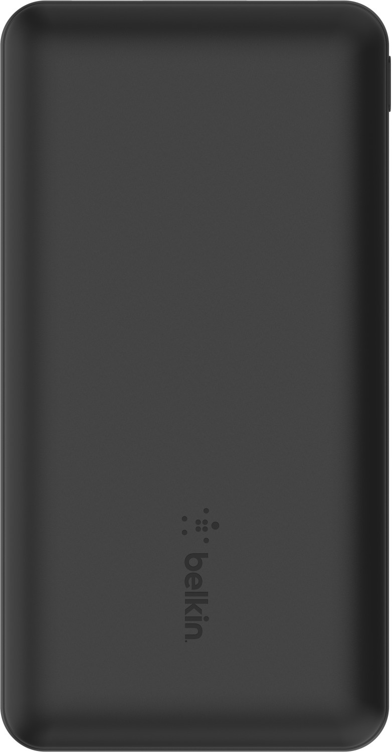 Schwarze Belkin Powerbank, Vorderansicht. Weißer Hintergrund.