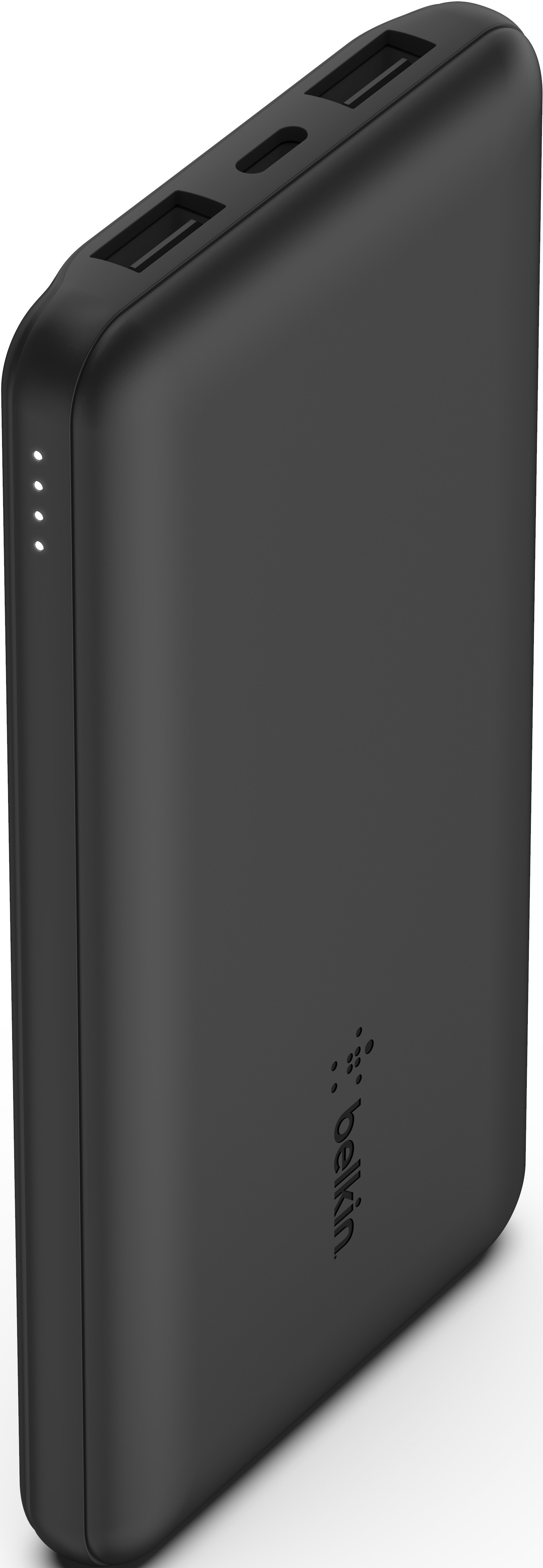 Schwarze Belkin Powerbank mit zwei USB-Anschlüssen und einem USB-C-Anschluss.