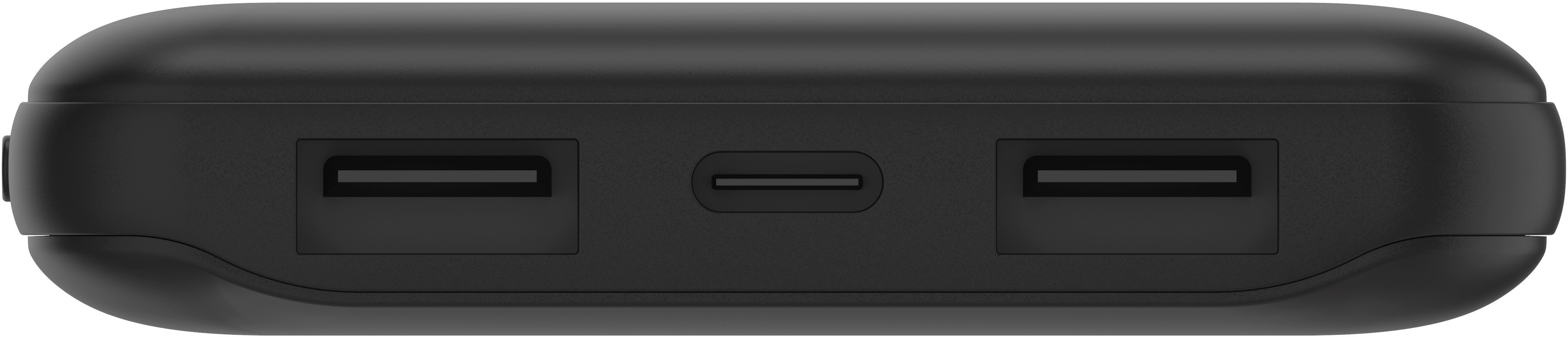 Schwarze Powerbank mit USB- und Typ-C-Anschlüssen.