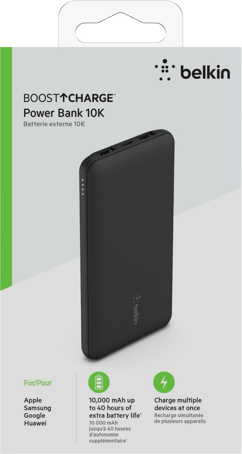 Schwarze Belkin Power Bank mit weißem Hintergrund, Text auf der Box.