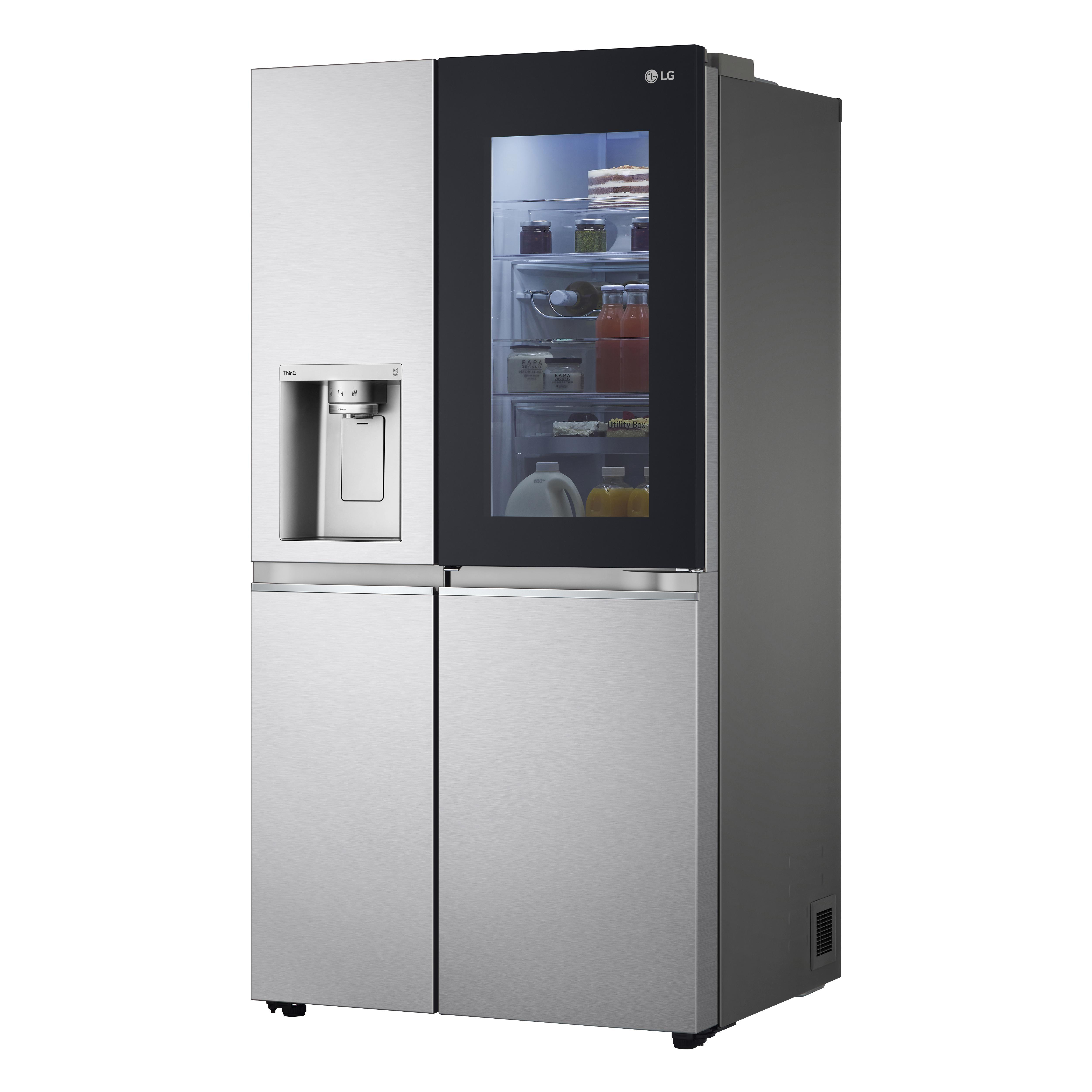 LG Kühlschrank. Er hat eine Edelstahl-Oberfläche, eine Door-in-Door-Funktion und einen Eisbereiter.
