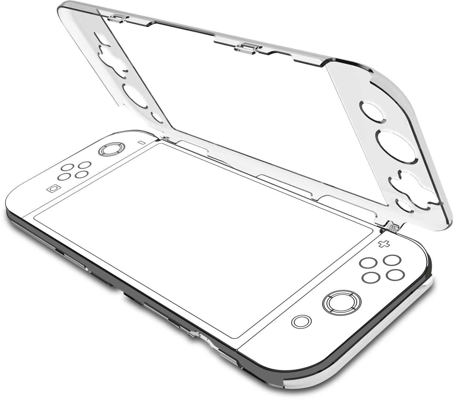 Eine weiße und silberne Handheld-Spielkonsole mit einer teilweise geöffneten, durchsichtigen Schutzhülle.