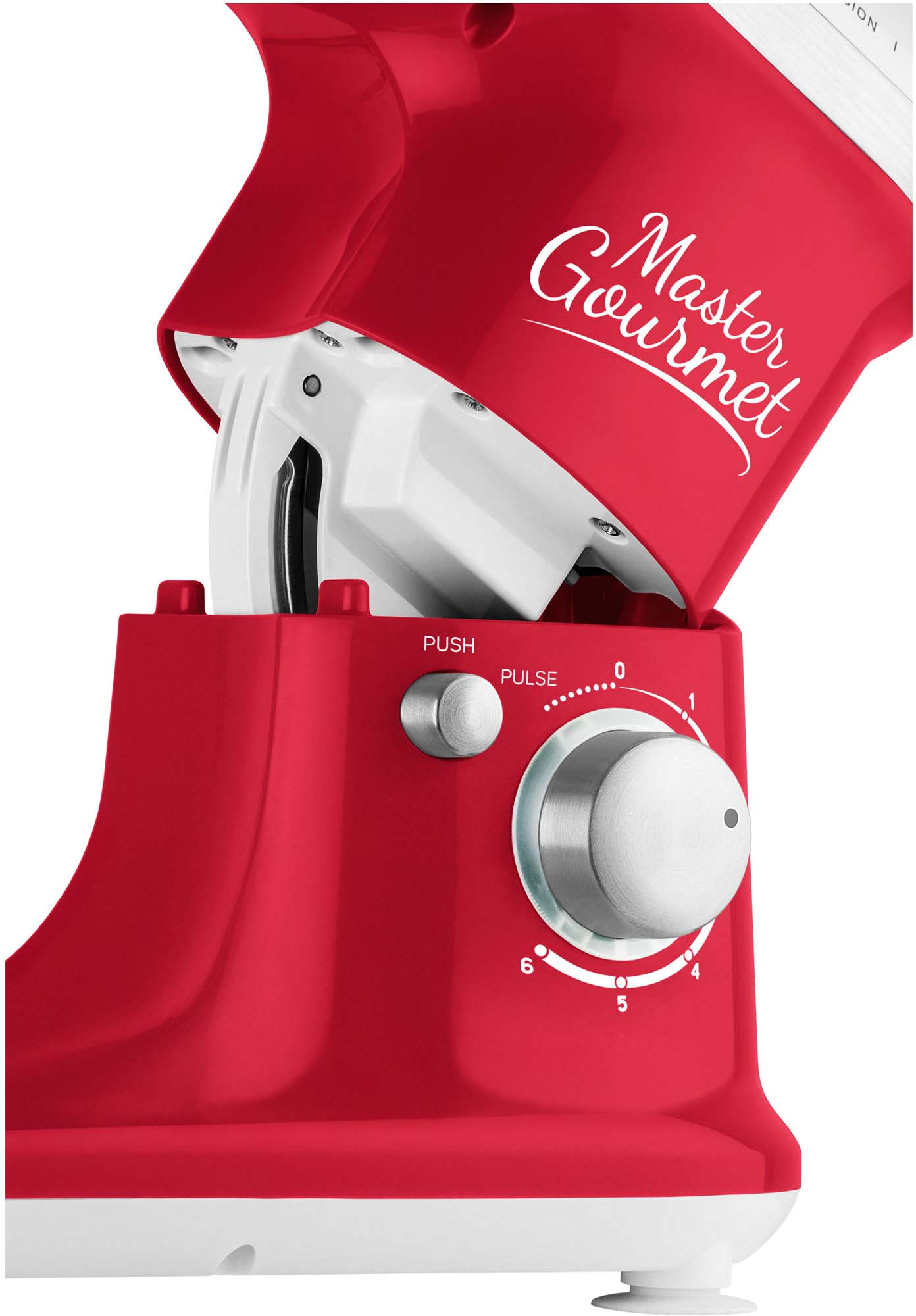 Piros-fehér Master Gourmet konyhai mixer. A mixer elölnézete a tárcsával.