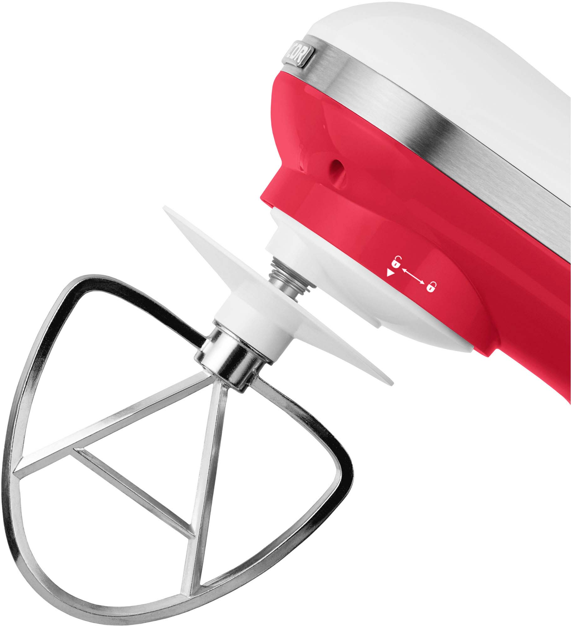 Piros-fehér konyhai mixer közeli képe, a rögzítő mechanizmus látható.