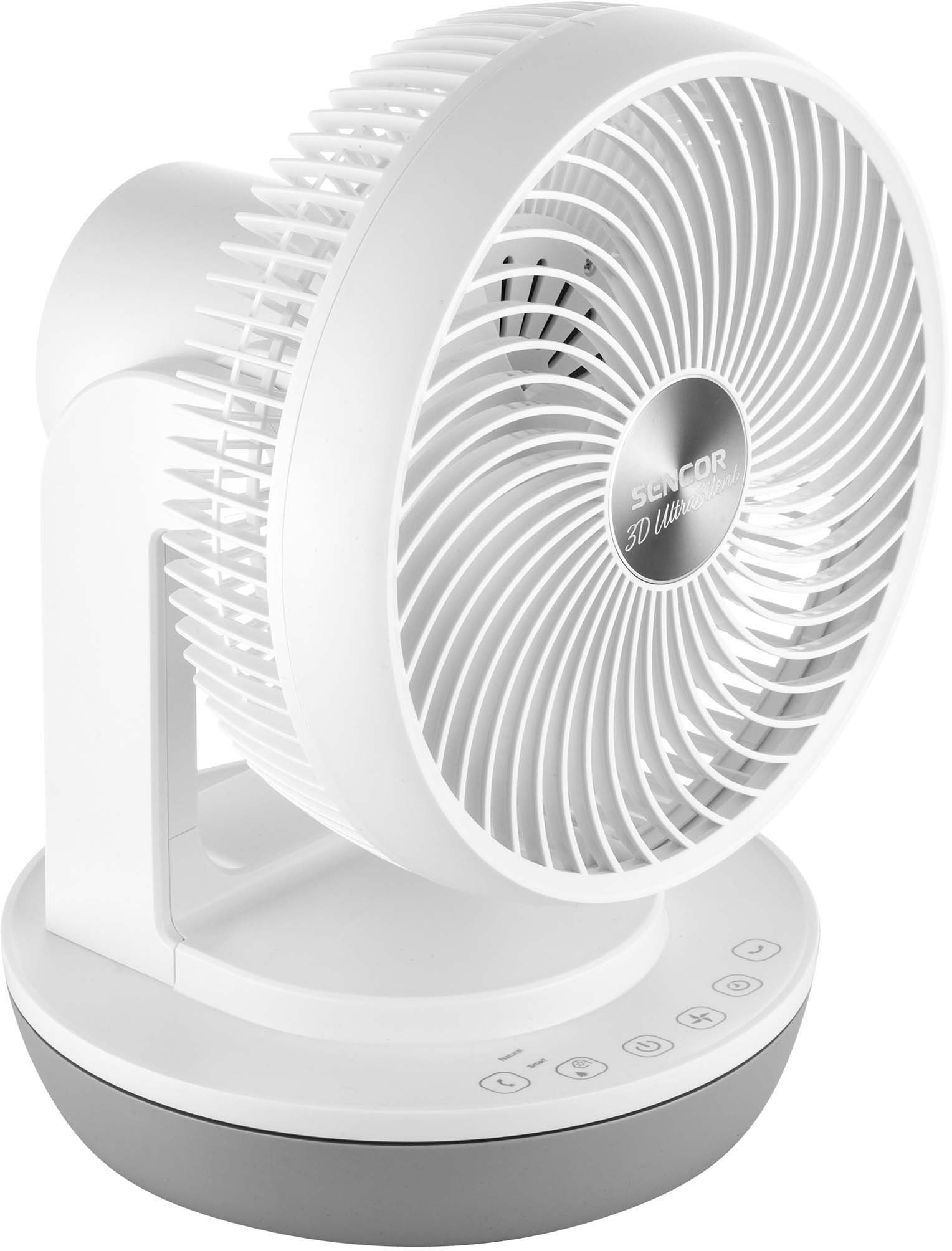 Fehér és szürke ventilátor kör alakú kialakítással és gombokkal az alján. A szöveg Sencort mond.