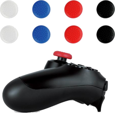 Une manette de jeu noire avec des capuchons de manette colorés.