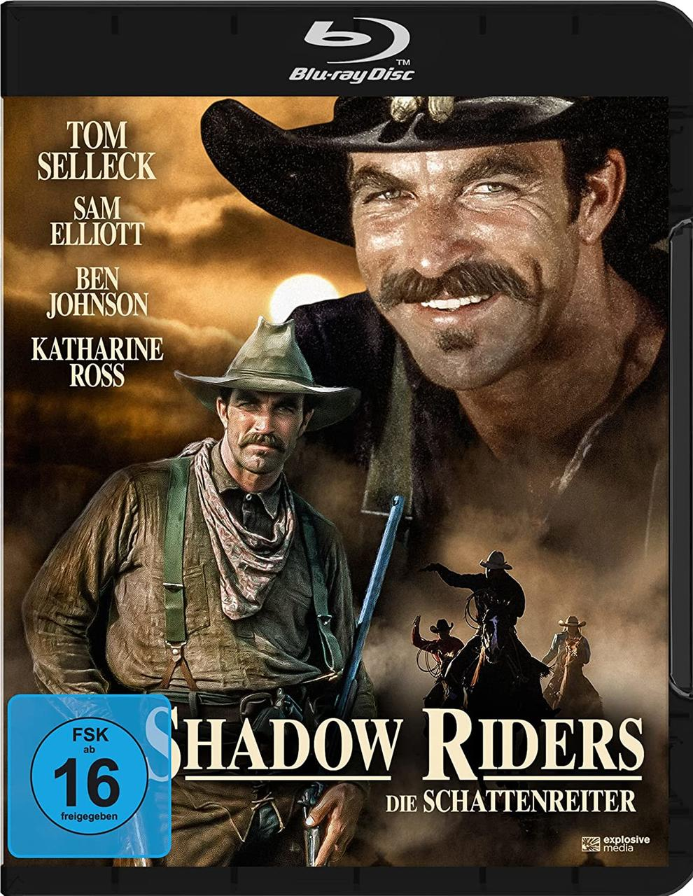 Filmcover: Tom Selleck und andere Schauspieler in Western-Kleidung. Titel: Shadow Riders.