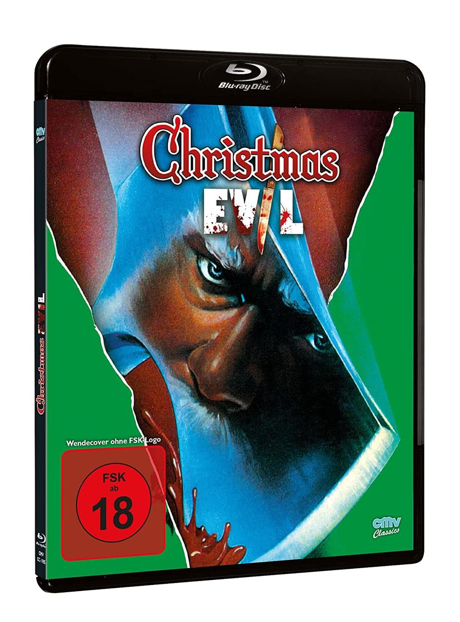 Christmas Evil DVD-Cover, ein Gesicht mit einem Messer, Filmtitel oben.