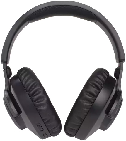 Black headphones, overhead view, with earcups and headband visible.