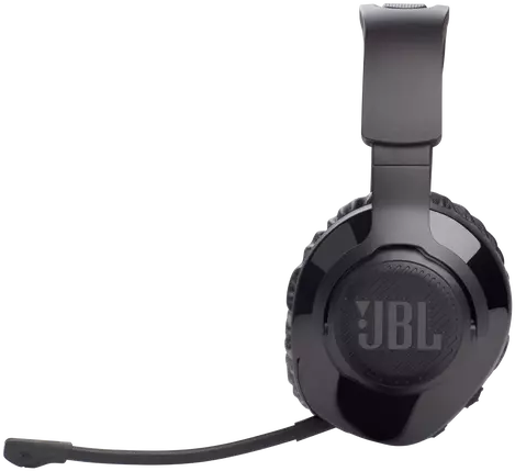 Black JBL headphones with a microphone attached, angled to the left.