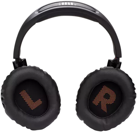 Black headphones with orange 'L' and 'R' markings on the earcups, and a black headband.