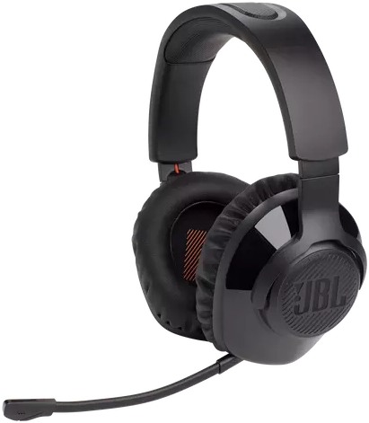 Black gaming headphones with a microphone. The brand name JBL is visible.