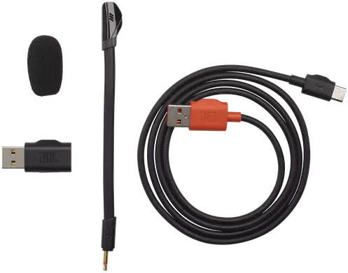 JBL headset accessories: microphone, USB receiver, USB-C cable. All items are black or orange, on a white surface.