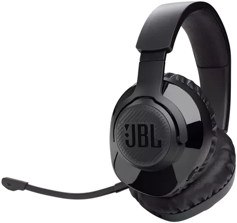 Black JBL gaming headphones with a microphone. The headphones have earcups and a headband.