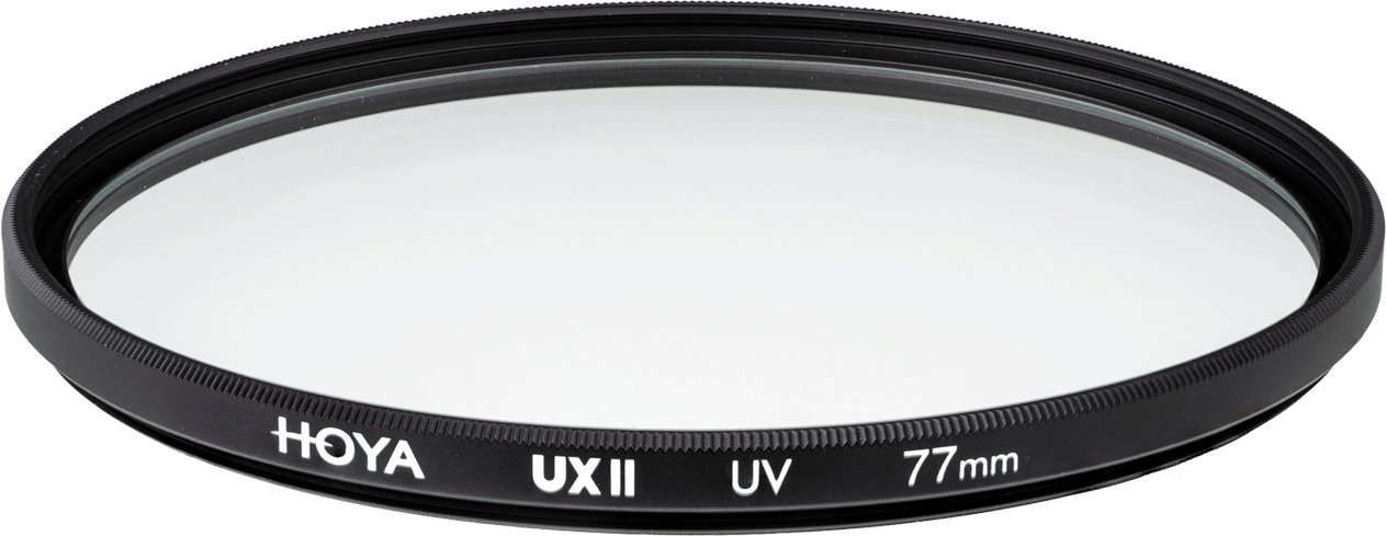 Schwarzer Hoya UV-Filter, 77 mm, für ein Kameraobjektiv.
