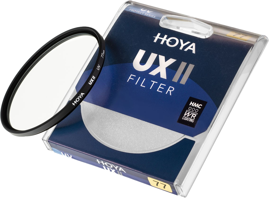 Hoya UX II Filter in der Box. Schwarzer Filter und transparente Verpackung.