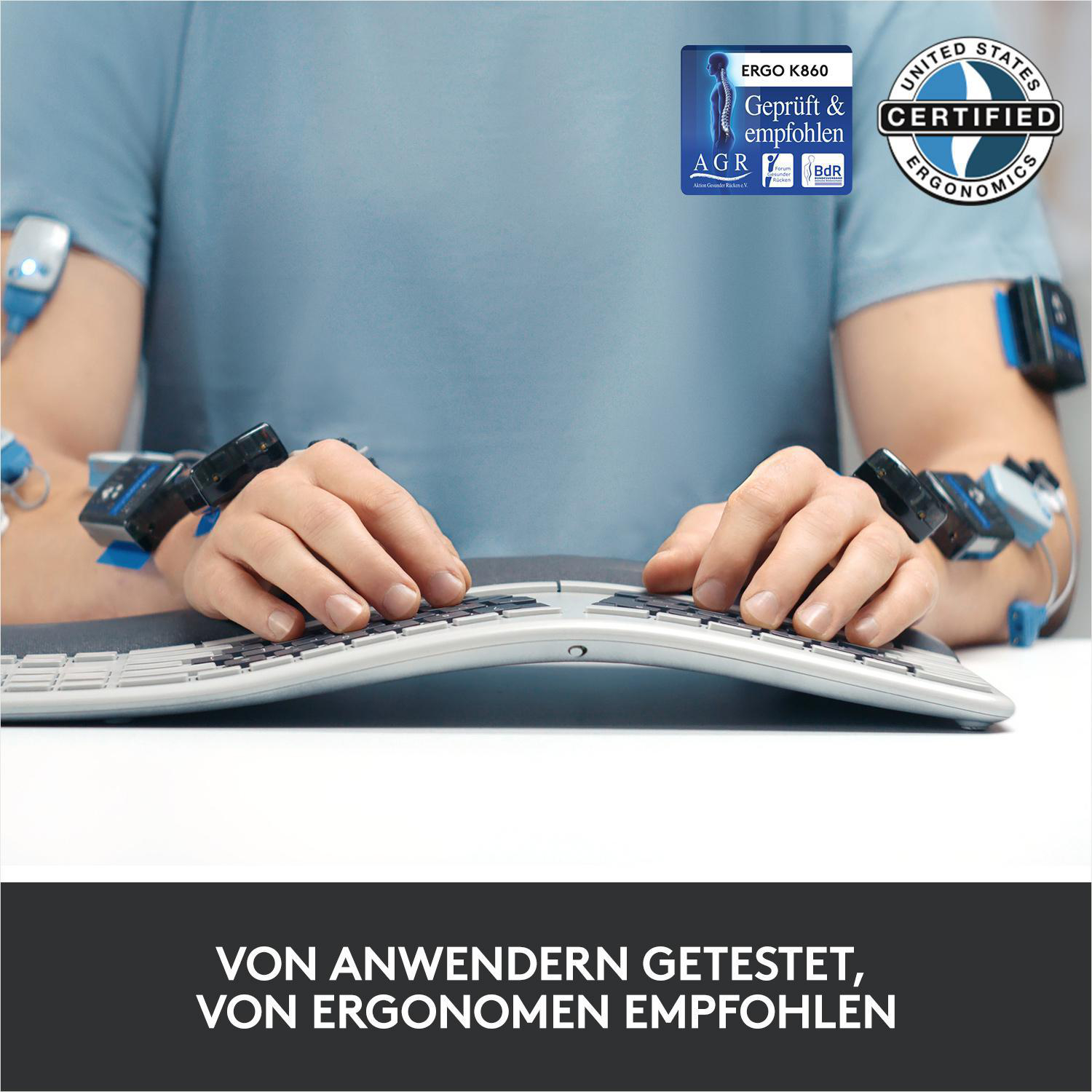 Person tippt auf einer Tastatur mit ergonomischer Handgelenkstütze. Text: Von Anwendern getestet, von Ergonom.
